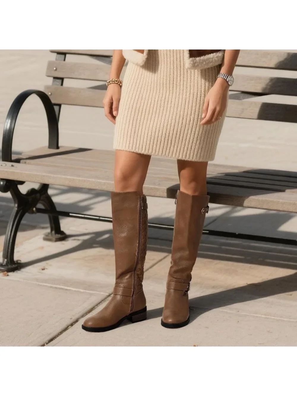 Women's Camel Comfortable Chunky Block Heel Round Toe Side Zipper Knee High Boot